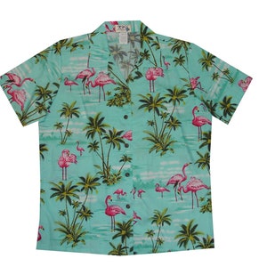 Chemises hawaïennes pour femme fabriquées à Hawaï | Chemises Luau pour femme avec empiècement blanc hibiscus | Chemise de camp fabriquée à Honolulu | Chemise flamant rose