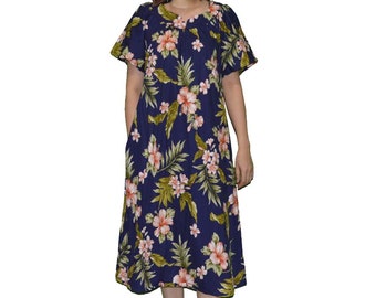 Hawaiian Hibiscus Floral Midi Muumuu Dress: Handmade Elegance with Puff Sleeves, Relaxed dresses, a Pocket - Casual Chic and Perfect Gifting