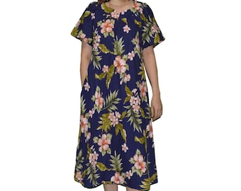 Hawaiian Hibiscus Cotton Muumuu Dress: Puff Sleeves Midi with Pocket
