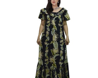 Hawaii-Crafted Long Muumuu Dress with Puff Sleeves, Elegant Design, and a Handy Pocket - Ideal for Casual Chic and  Mother's Day Gift