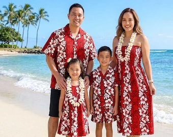 Conjuntos familiares hawaianos a juego hechos en Hawái: camisas y vestidos Hibiscus Aloha para las vacaciones de mamá, papá e hijos.
