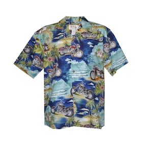 Cotton Hawaiian Shirt for Men with Hawaii Motorcycles Print | Made in Hawaii-USA Aloha Shirt | Tropical Beachwear Perfect Gifts for Him