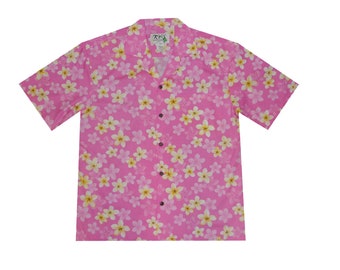 Baumwolle Hawaiihemd | Rosa Plumeria Print Aloha Shirt, handgefertigt in Hawaii