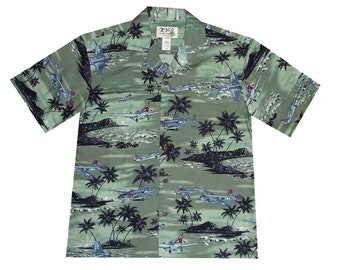 Cotton Hawaiian Shirt - Aloha Airplane Print, Handmade in Hawaii