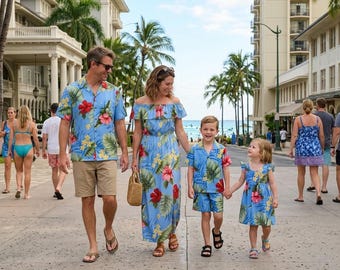 Made in Hawaii Family Matching Outfits – Hibiscus Print Aloha Wear, Authentic Hawaiian Clothing 100% Rayon Poplin, Family Vacation Outfit