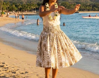 Hawaiian Paʻu Hula Skirt Handmade in Hawaii – Palm Leaf Print, Traditional Hula Skirt 100% Cotton for Dance