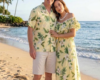 Couples Matching Traditional Hawaiian Outfits, Made in Hawaii Shirt Dress, Authentic Aloha Clothing, Beach Wedding Vacation & Resort Wear