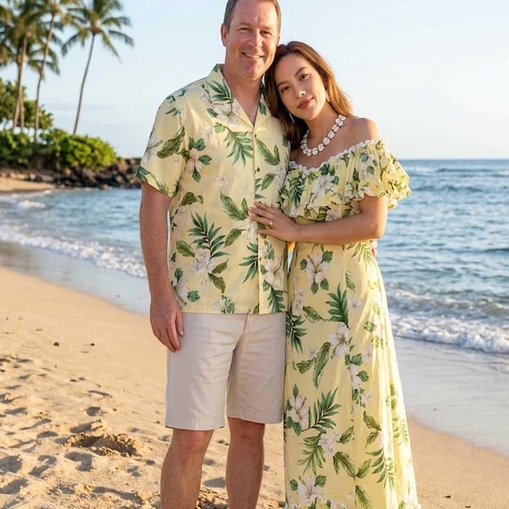 traditional hawaiian dress Couples Matching Outfits, Made in Hawaii Shirt Dress, Authentic Aloha Clothing, Beach Wedding Vacation & Resort Wear proudly Made in Hawaii 2025 GLOBAL EVENT SZN EDIT COLOR:CREAM (24 pack) Hidden Valley Luau
