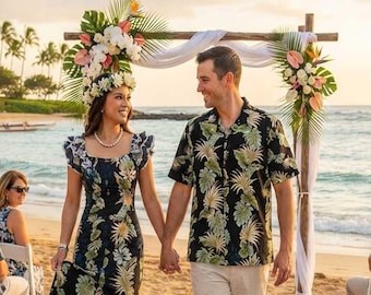 Matching Hawaiian Couples Outfits – Hawaiian Shirt & Traditional Muʻumuʻu Dress Made in Hawaii – Leaf Panel Print Luau Honeymoon/Vacation