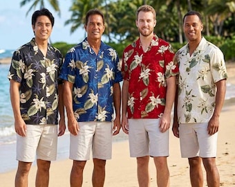 Camisa hawaiana hecha a mano para hombre, camisa Aloha con estampado de orquídeas, 100% algodón popelín, hecha en Honolulu, Hawái, camisa tropical de verano con botones.