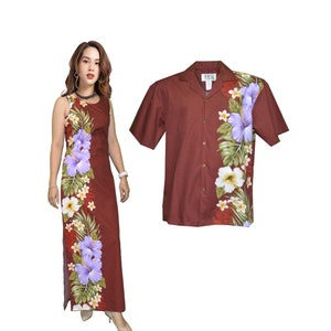 Matching Couple Hawaiian Luau Set -Elegant Men’s Hawaiian Shirt & Long Tank Dress. Made in Hawaii, Perfect for Wedding,Vacations,Unique Gift