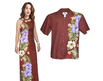 Matching Couple Hawaiian Luau Set -Elegant Men’s Hawaiian Shirt & Long Tank Dress. Made in Hawaii, Perfect for Wedding,Vacations,Unique Gift