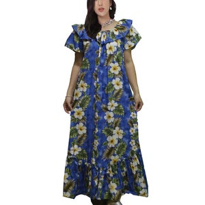 Hawaiian-Made Long Muumuu Dress with Puff Sleeve, Elegant Yellow Hibiscus Design, One Pocket - Ideal for Casual Chic or a  Mother&#39;s Day Gift