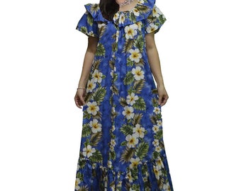 Hawaiian Muumuu Dress, Floral Print Long Dress, Puff Sleeve Cotton Maxi