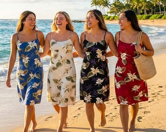White Orchid Hawaiian Dress Women – Cotton Poplin Sundress, Spaghetti Strap Summer Beach Dress, Exclusive Floral Print Made in Hawaii USA