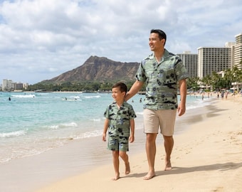 Vater und Sohn Partnerlook Hawaiihemden - Pearl Habor Aloha Hemden Made in Hawaii, Militärflugzeug Druck Urlaub Luau Familien Outfit
