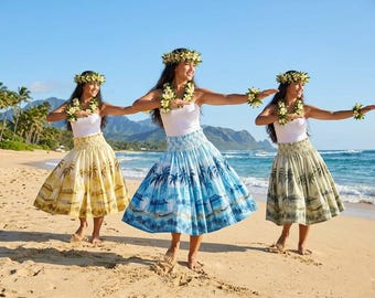 Authentic Hawaiian Hula Pa'u Skirt, Diamond Head Palm Tree Print, Handmade in Honolulu Hawaii, 100% Cotton Poplin Pau Skirt, Dance Wear