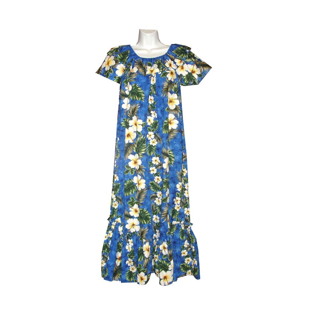 White and Navy Hibiscus Print Muumuu with Sleeve