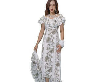 Traditional Hawaiian Muʻumuʻu Dress Made in Hawaii – Hibiscus Floral Cotton Ruffle Dress for Luau Wedding Hula