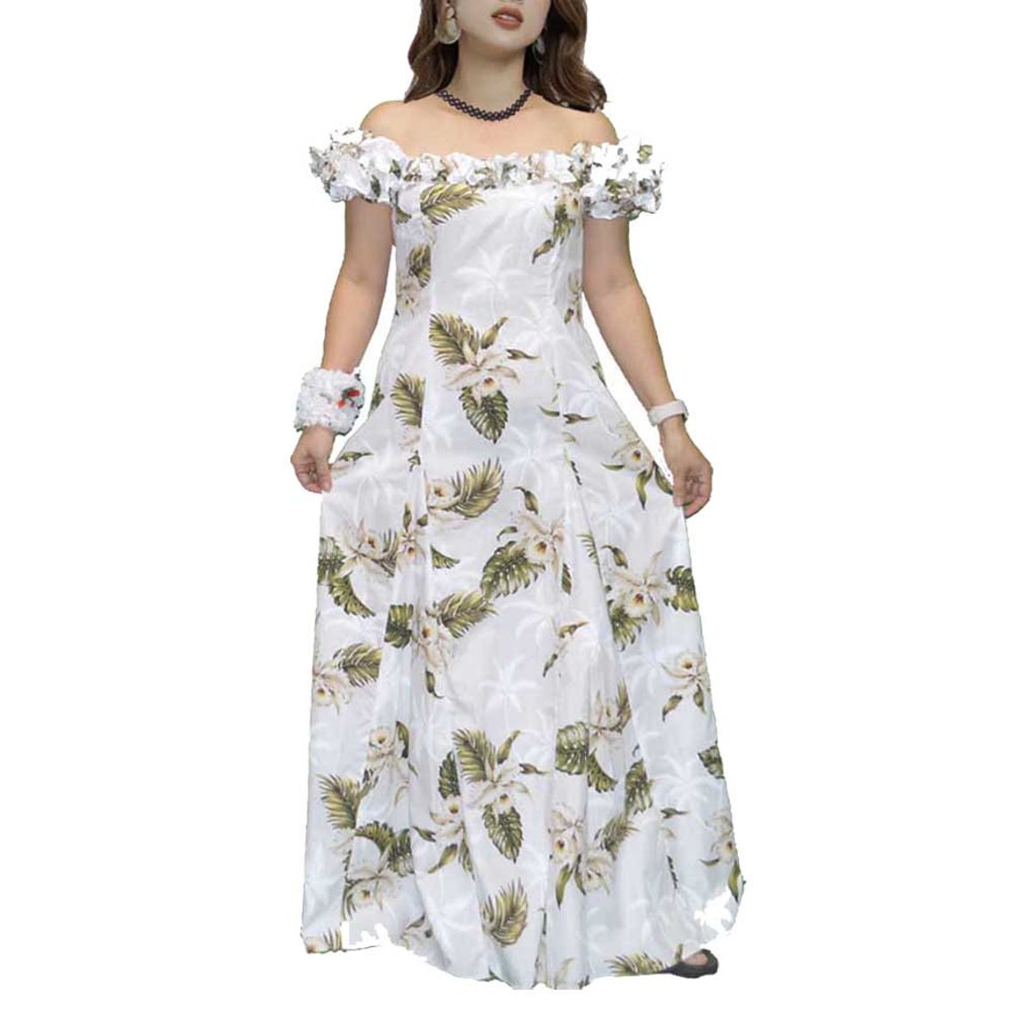 hawaiian-muumuu-wedding-dress-adorned-with-white-orchid-made-in-hawaii
