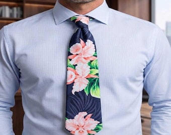 Orchid Tie, Handmade Hawaiian Print Necktie, Cotton Poplin Men's Dress Ties, Tropical Beach Wedding Groomsmen Gift, Made in Hawaii USA