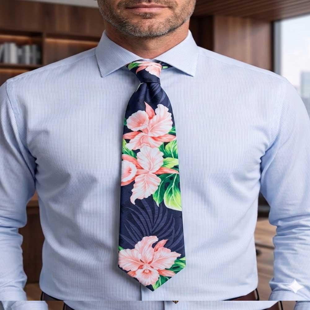 Orchid Tie, Handmade Hawaiian Print Necktie, Cotton Poplin Men's Dress Ties, Tropical Beach Wedding Groomsmen Gift, Made in Hawaii USA