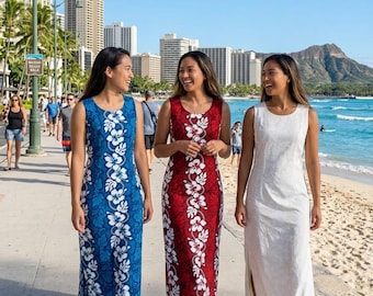 Conjuntos hawaianos a juego para parejas: conjunto de camisa y vestido Hibiscus Aloha, hecho en Hawái, atuendo tropical para boda o luna de miel en la playa.