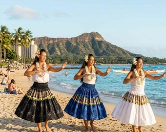 Hawaiian Paʻu Hula Skirt – Lucky Tiki Print, Handmade in Hawaii, Traditional Hula Skirt Perfect for Hula Dance Performances and Gifts