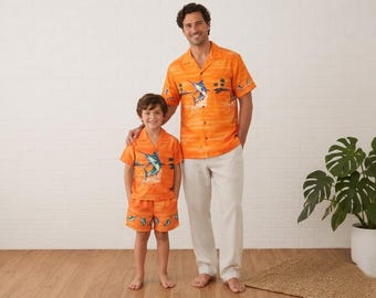 Matching Father Son Hawaiian Shirts, Marlin Fish Aloha Shirt, Fishing Gift for Dad, Handmade in Honolulu Hawaii, Cotton Shirt