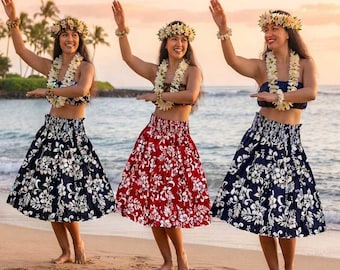 Authentic Made in Hawaii Pa'u Skirt, Handmade Hawaiian Hula Skirt, Hibiscus Floral Print, 100% Cotton Poplin, Hula Dance, Hālau, Luau Outfit