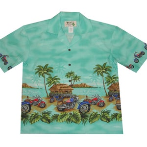 Authentic Men’s Cotton Hawaiian Shirt – Motorbike Coastal Print | Made in Hawaii | Aloha Shirt for Weddings, Groups | Funny Aloha Wear