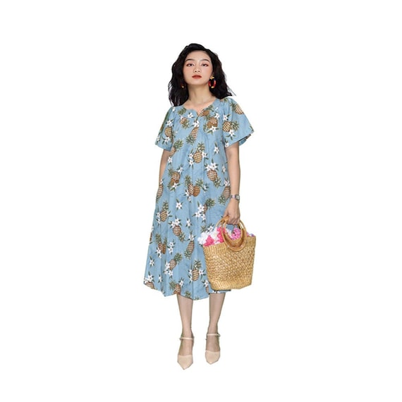 Midi Muumuu Cotton Dress - Handmade in Hawaii, Pineapple Art Design, Relaxed Fit with Pocket, Casual Chic Style, Perfect Gift for Her