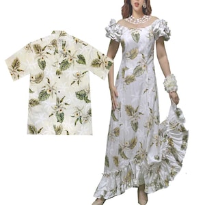 Trouwjurk Hawaïaanse stijl witte orchidee Resortkleding Hawaïaans shirt Bijpassende groep Verjaardags-/feestdagencadeaus Handgemaakt in Hawaï