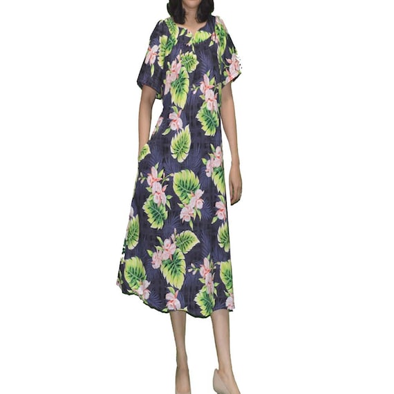 Hawaiian Cotton Muumuu Dress - Puff Sleeve Orchid Floral Midi