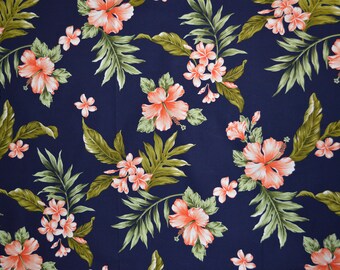 Exclusive Design Hawaiian Fabric 100% Cotton  | Sold by the Yard Coral Hibiscus Fabric Honolulu
