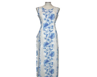Vestido hawaiano de popelina de algodón sin mangas con hibisco azul