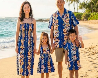Conjuntos familiares hawaianos hechos a mano en Hawái: camisas y vestidos tropicales estilo Aloha para mamá, papá e hijos, ideales para las vacaciones.
