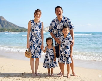Conjunto familiar hawaiano a juego, hecho en Hawái: camisas y vestidos hawaianos con estampado de hibisco para mamá, papá e hijos, ideal para vacaciones.