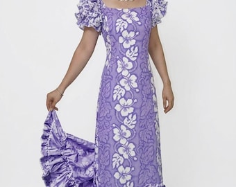 Hawaiian Wedding Traditional Muumuu Ruffled Dress -Hibiscus Floral Print Cotton Maxi Made in Hawaii