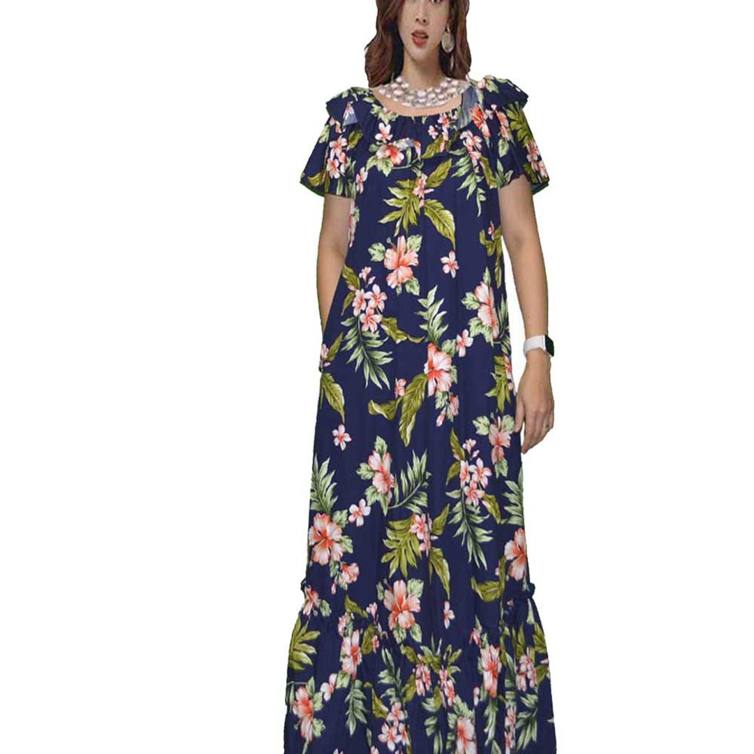 Hawaiian-made Long Muumuu Dress With Puff Sleeve, Elegant Design, and ...