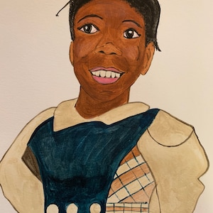 May include: A watercolor painting of a young girl with short black hair, wearing a blue and white plaid dress with a white collar and three white buttons. She is smiling with her teeth showing.