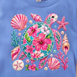 Preppy Sea Turtle PNG, Floral Coastal Sublimation Design, Pink Tropical Turtle with Shells & Hibiscus, Lilly Inspired Summer Beach Graphic