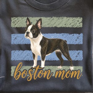 May include: A charcoal gray crew neck t-shirt featuring a graphic of a black and white Boston Terrier dog standing in front of four horizontal distressed stripes in muted green and blue. The text "boston mom" is printed in a gold cursive font.