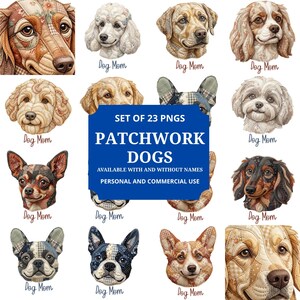Paquete PNG de razas de perros en patchwork, diseños estéticos de patchwork para mamás perrunas, imágenes prediseñadas de perros en tela vintage, conjunto de 23 razas, PNG para sublimación, uso comercial.