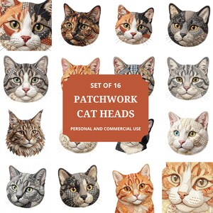 以下が含まれることがあります： 16種類のパッチワーク猫の頭のデザイン。各猫の頭は、さまざまな色とテクスチャを持つユニークなパッチワークパターンが特徴です。画像には「SET OF 16 PATCHWORK CAT HEADS PERSONAL AND COMMERCIAL USE」と書かれています。