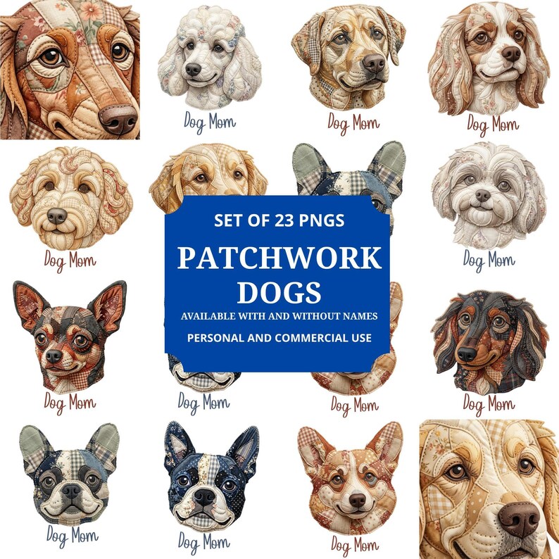 Patchwork Dog Breeds PNG Bundle, Quilt Aesthetic Dog Mom Designs ...