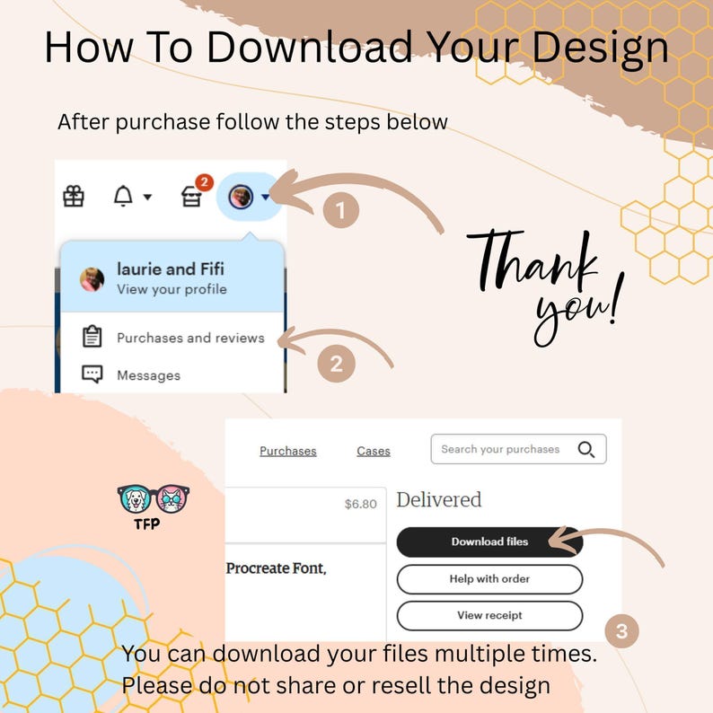 May include: An instructional graphic titled How To Download Your Design with three numbered steps. It shows a user profile menu, the purchases and reviews section, and a download files button. The text includes Thank you and usage instructions.
