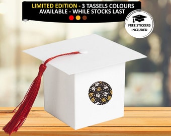 Graduate cap gift box with 3 different tassel colors available, 3D white cardboard graduation hat favour party gift box with tassel +sticker