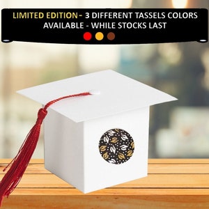 Caja de regalo para birrete de graduación con 3 colores de borlas diferentes disponibles, caja de regalo para fiesta con birrete de graduación de cartón blanco 3D con borla + pegatina