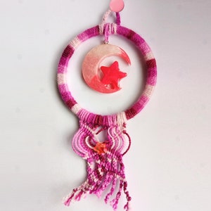 Mini dreamcatcher in pink tones with handmade resin moon and star centrepiece, wall hanging small dreamcatcher, Christmas gift idea for girl